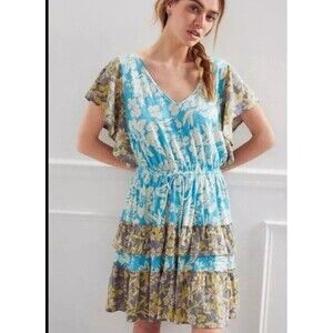 Daily Practice Anthropologie Mini Dress Womens Small Blue Floral Ruffle Boho